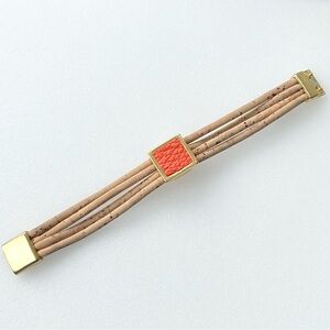 Cork Bracelet Four Strands with Orange Square Leather Center Magnetic Clasp 7”